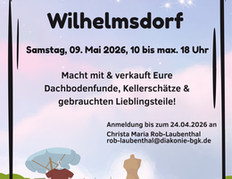 Plakat zum Dorfflohmarkt Wilhelmsdorf am 9. Mai 2026 mit Informationen zur Anmeldung.